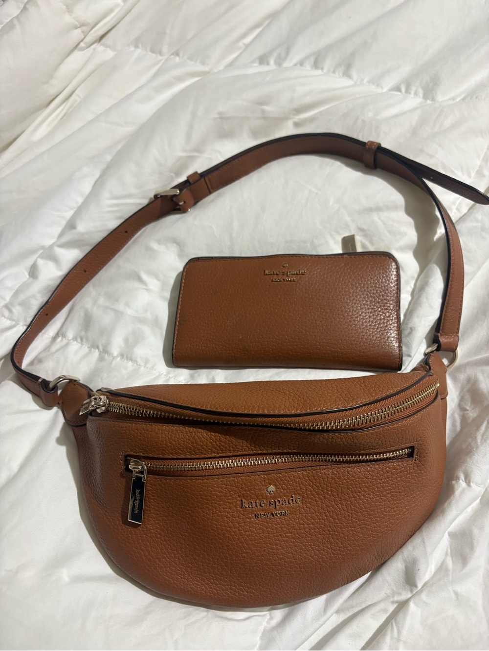 kate spade tan pebbled leather crossbody belt bag with matching wallet